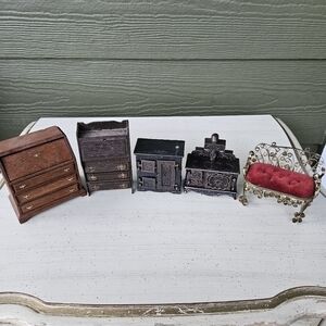 Dollhouse Vintage Miniature Wood Metal Assorted Furniture Table Drawers Cabinet